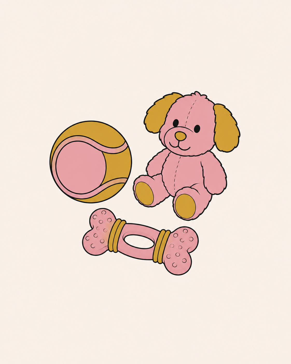 Ilustracion de pelota, peluche y mordedor