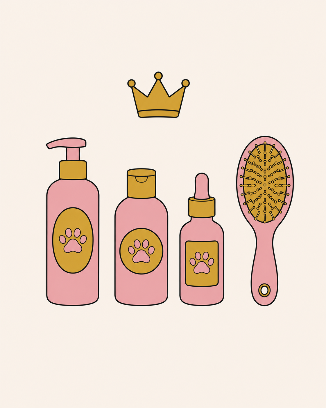 Ilustracion de frascos y cepillo con corona, packs Toy Dog Club