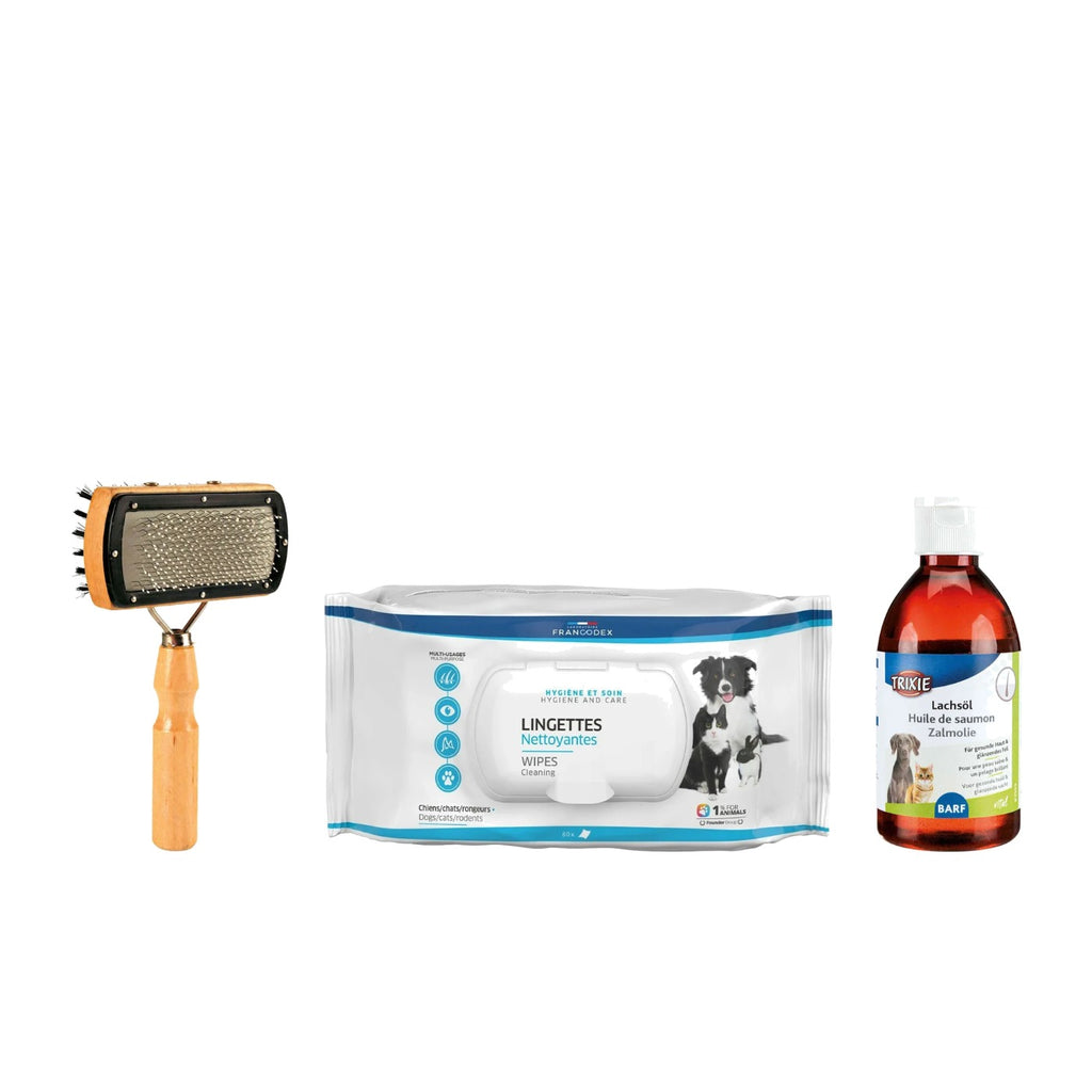 Pack Sin Tirones: cepillo de nailon, toallitas y aceite de salmon