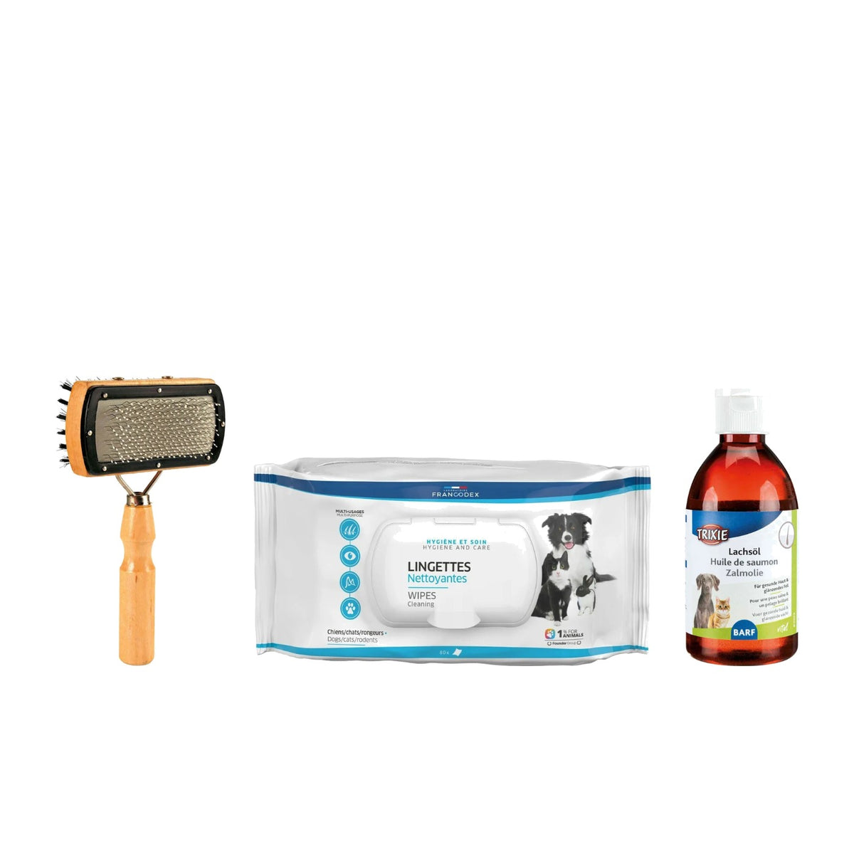 Pack Sin Tirones: cepillo de nailon, toallitas y aceite de salmon